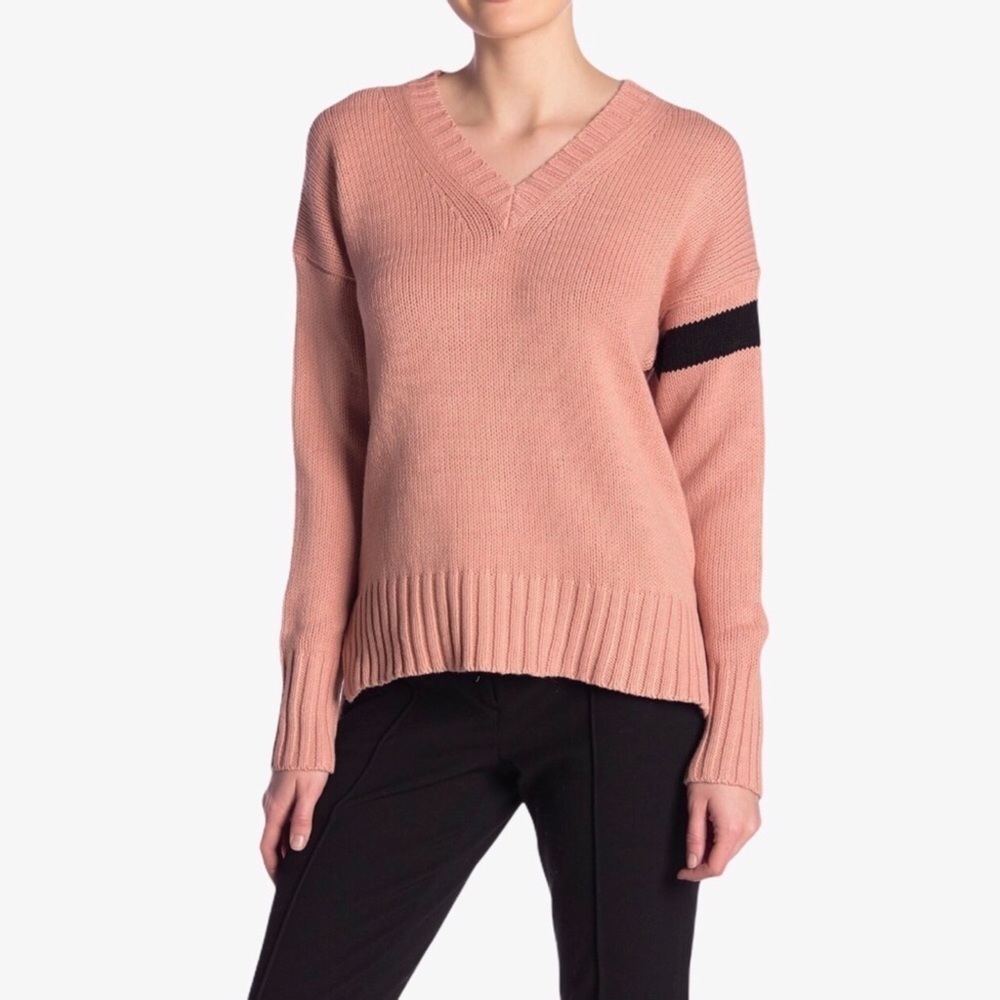 360 Sweater Women’s Barbara V Neck Pullover Sweater Stripe Sleeve Size Small